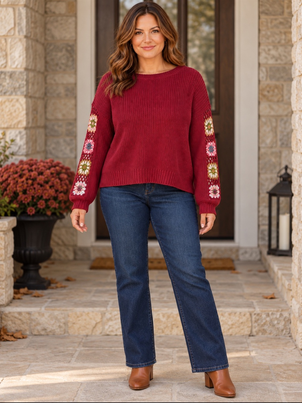 ZAFUL Sweater Womens Large Burgundy Floral Crochet Granny Square Sleeve Boho NWT